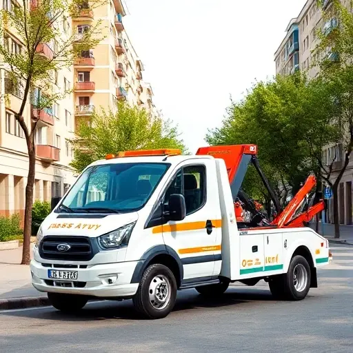 Эвакуатор в Москве, Люблино: Недорого и Надежно A friendly, modern tow truck parked on a quiet street in the Lyublino district of Moscow, with recognizable Russian apartment buildings and tree-lined sidewalks in the background, conveying affordability and reliability; the scene is bright, daytime, with a clean, professional look and no text or signage