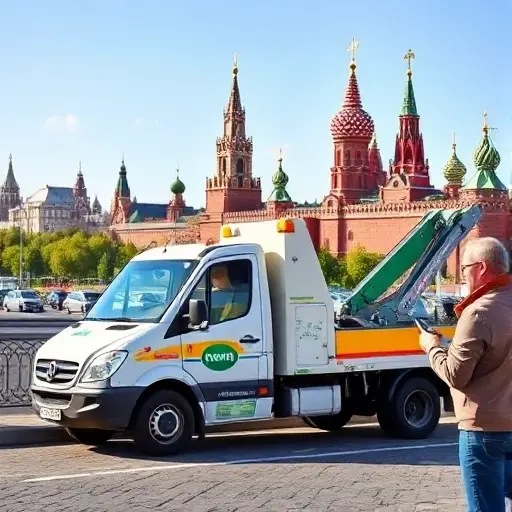 A friendly tow truck parked near a recognizable Moscow landmark such as the Kremlin or Red Square, with a clear view of the city skyline, a person holding a phone and looking at the truck, all in a bright, inviting scene, no text or lettering