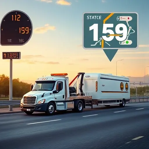 A tow truck pulling a GAZelle Next van on a highway, with visual cues such as a distance sign, a clock, a map, and a floating price tag icon above the scene, all rendered in a realistic style