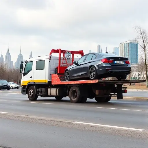 A partially loaded tow truck parked on a Moscow street, with a car partially on the truck's platform, showing the city skyline in the background, no text or lettering visible