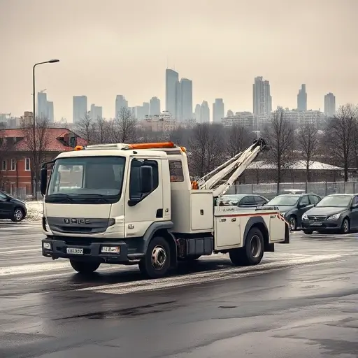 Эвакуатор в Москве на Штрафстоянку: Полное Руководство по Стоимости A realistic scene of a tow truck (evakuator) parked in a Moscow penalty parking lot, with the city skyline in the background, typical Russian street environment, muted winter colors, and a few parked cars awaiting towing, all depicted without any visible text, letters, or numbers