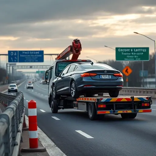 A realistic scene of a tow truck lifting a passenger car on a busy highway, with visible road barriers and signage indicating vehicle size and weight limits, set on the Moscow Ring Road and Pyatnitsky highway, illustrating the evacuation process under strict dimension constraints, rendered in a compact high-quality style