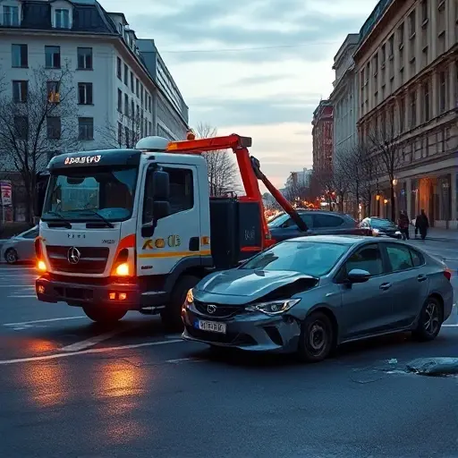 A realistic depiction of a tow truck parked on Argunovskaya Street after a traffic accident, with a damaged car beside it, city street background, evening lighting, no text or symbols