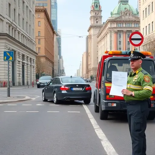 A Moscow street scene with a car being towed by a tow truck, a uniformed officer holding a notification envelope, surrounding city buildings and traffic signs, all depicted without visible text or numbers