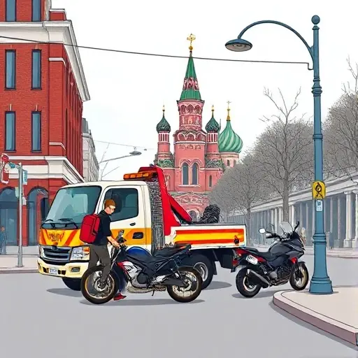 A compact, high-quality illustration of a Moscow city street scene featuring a tow truck (evacuator) assisting a motorcycle and a piece of special equipment, with recognizable Moscow architecture such as a red brick building and a street sign silhouette, under a clear sky, without any text, letters, or numbers
