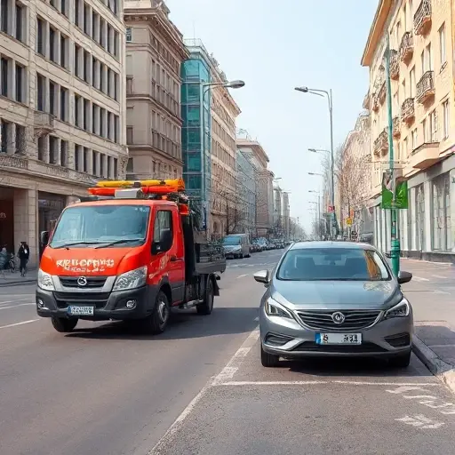 A realistic city street scene on Avangardnaya Street with a tow truck (evacuator) parked beside a parked car that appears to need towing, the tow truck's hook engaged with the car's front bumper, surrounding urban elements like street lamps, sidewalks, and typical building facades, clear daytime lighting, no visible text or signage on the vehicles or buildings