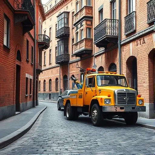 A realistic depiction of a tow truck parked on a narrow, cobblestone lane in a historic Russian street. The lane is lined with old brick buildings with ornate balconies and wrought‑iron railings. The tow truck is a classic yellow model with a visible winch and a small car being towed behind it, its wheels partially lifted. The scene is set in daylight with soft shadows, capturing the texture of the stone and the metallic sheen of the truck. No people, animals, or text are present.