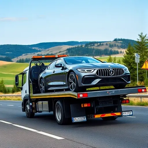 A professional tow truck (эвакуатор) driving on a scenic road in the Moscow region, carefully carrying a sleek new luxury car or a classic vintage automobile on its flatbed. The background shows gentle rolling hills, pine trees, and a clear sky, emphasizing a reliable and high-quality vehicle transport service. No text, logos, or people are visible in the scene.