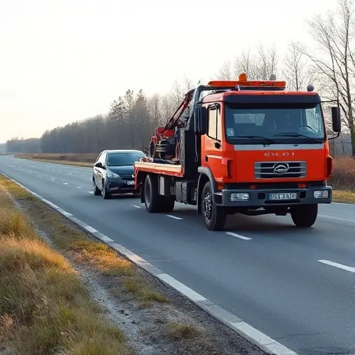 A tow truck pulling a car on a rural road in Belgorod region, with a clear sky, no text or logos, focus on the vehicle and tow equipment.