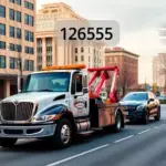 A tow truck pulling a car on a city street, with a subtle floating price tag above the truck but no visible numbers, in a realistic style