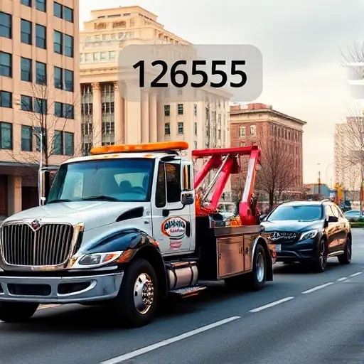 сколько стоит вызвать эвакуатор A tow truck pulling a car on a city street, with a subtle floating price tag above the truck but no visible numbers, in a realistic style