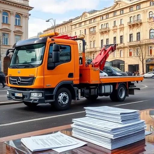 A tow truck parked on a Moscow street in the Krasnoselsky district, with a backdrop of typical Moscow architecture. In the foreground, a stack of paperwork and documents is neatly arranged on a nearby table, all depicted without any visible text, letters, or numbers. The scene conveys a sense of readiness and professionalism, with the tow truck’s bright paint and reflective windows catching the light of a clear day.