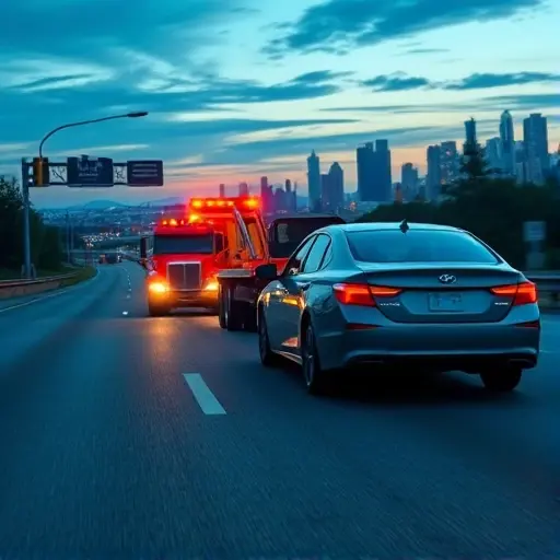 A realistic scene of a tow truck pulling a broken-down car on a highway at dusk, with a clear road, traffic lights, and a city skyline in the background. The tow truck is in a bright, visible color, and the broken-down car is partially visible, showing a flat tire and a broken headlight. The image should convey urgency and assistance without any text, logos, or numbers.
