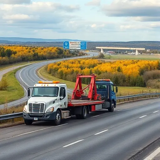 A tow truck pulling a car on a highway between Moscow and Ryazan, with a scenic Russian countryside background, no people, no text or letters