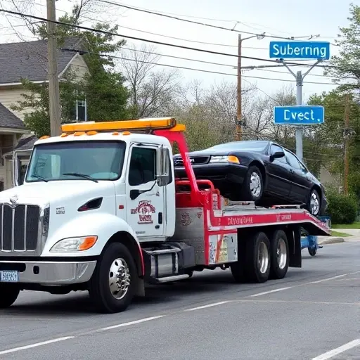 A tow truck parked on a suburban street, with a car being towed, a clear view of the street sign indicating '5th Suburban Crossing', no text or lettering in the image, no explicit content