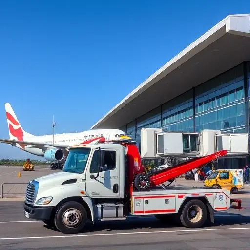 эвакуатор аэропорт москва A tow truck parked near a terminal at Moscow's Sheremetyevo Airport, with a large airplane in the background, bright daylight, clear sky, no people, no text, no logos