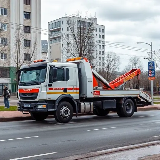 A tow truck parked on a street in Noginsk, with a realistic cityscape background, no text or signage