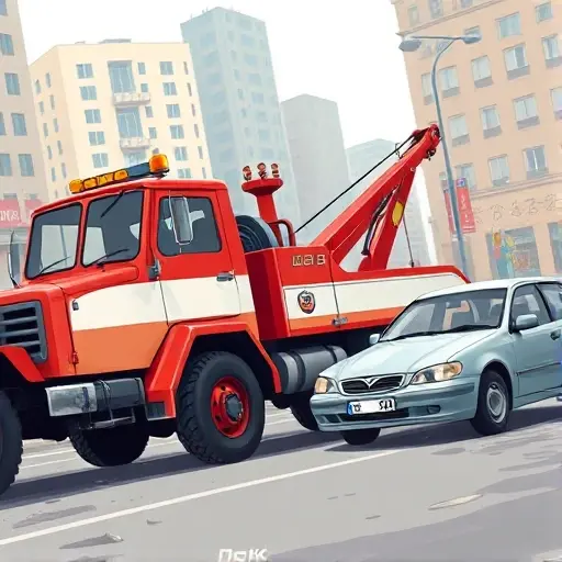 A realistic illustration of a classic Russian tow truck named "Бычок" in action, pulling a stalled car on a city street. The tow truck should be depicted with its distinctive red and white paint scheme, a large winch and a visible towing hook. The scene includes a clear view of the tow truck's cab, the winch cable wrapped around the towed vehicle, and a background of urban buildings. The image should capture the dynamic movement of the tow truck, with subtle motion blur on the cable and a slight tilt of the truck to show pulling force. No people or text should be present.