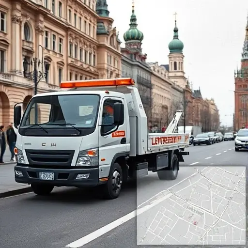 A modern tow truck parked on a Moscow street near the left bank, with a subtle overlay of a city map indicating the Levoberezhny area. The scene should convey affordability and reliability, featuring a friendly, professional driver in uniform, a clear and clean vehicle design, and a backdrop of iconic Moscow architecture. No text, letters, or digits should appear in the image.