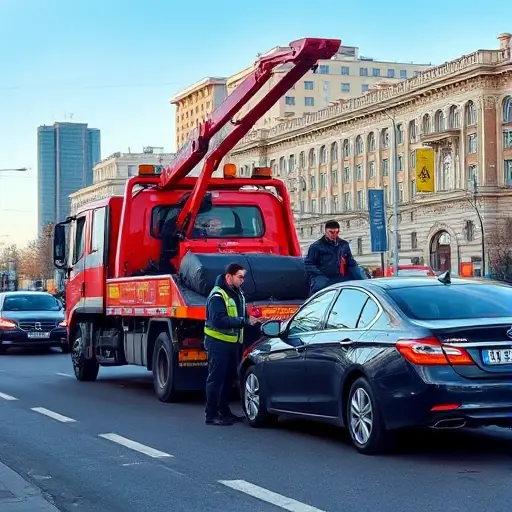 A professional tow truck with a skilled driver assisting a stranded car on a busy street in the south-western part of Moscow, featuring recognizable city buildings and a clear sky, realistic lighting, and a focus on the expertise of the specialists, without any text or signage in the scene.