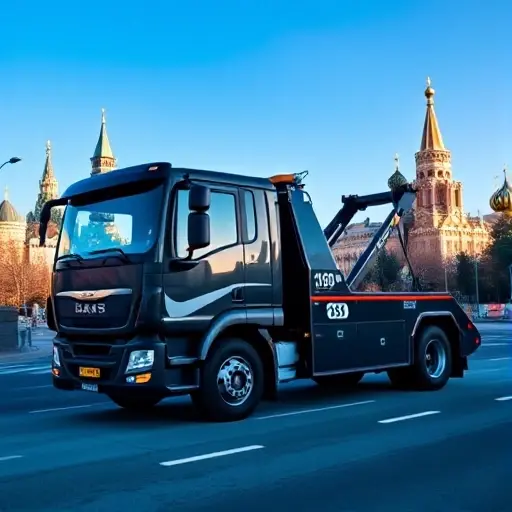 Сколько стоит вызов эвакуатора в Москве: Полный гайд A sleek, modern tow truck parked on a Moscow street, with the iconic Moscow skyline in the background, a clear view of the truck's front, a subtle price tag shape on the side but no text, no numbers, no letters, no signage, a faint city map overlay, a clear blue sky, no people, no other vehicles