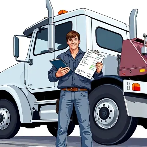 A professional truck driver standing beside a heavy-duty tow truck, holding a calculator and a stack of invoices, with a clipboard showing a cost breakdown, all in a realistic, high-quality illustration style