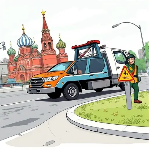 A realistic illustration of a tow truck on a Moscow street, with a car stuck on the curb and a shady tow truck operator in a cheap uniform. The scene includes a warning sign indicating danger or risk, and a background of iconic Moscow architecture to convey the risk of choosing a cheap tow truck.