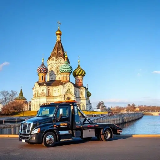 A modern tow truck parked in front of a historic Russian church in Sergiev Posad, with the church’s iconic onion domes and a backdrop of a serene river, the scene capturing the essence of a reliable towing service in a picturesque setting