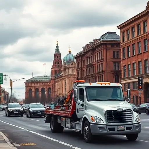 A tow truck pulling a car on a busy Moscow street, with typical Moscow architecture such as historic brick buildings and a distant silhouette of the Kremlin dome, cloudy sky, and city traffic, realistic lighting, no text or signage visible