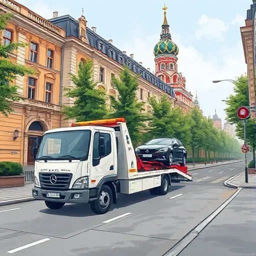 A realistic illustration of a tow truck parked on Bittsevsky Passage in Moscow, with a car being towed, showing the passage's distinctive architecture and greenery, in a calm, daytime setting.