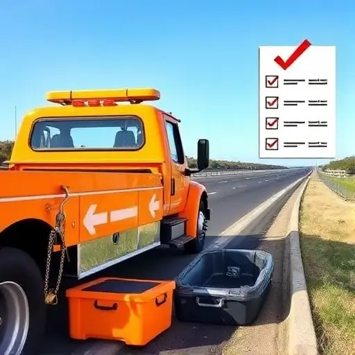 A tow truck parked on a roadside, with a visible tow hook and a small, neatly organized toolbox next to it. The scene shows a clear, sunny day with a calm highway in the background. The tow truck is in a bright, professional color, and a stylized checklist is displayed on a nearby wall, but no actual text is visible. The image conveys readiness and professionalism for towing services.