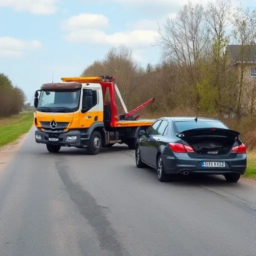 A tow truck parked beside a damaged car on a rural road in the Nizhny Novgorod region, with a clear sky and trees in the background, no text or signage