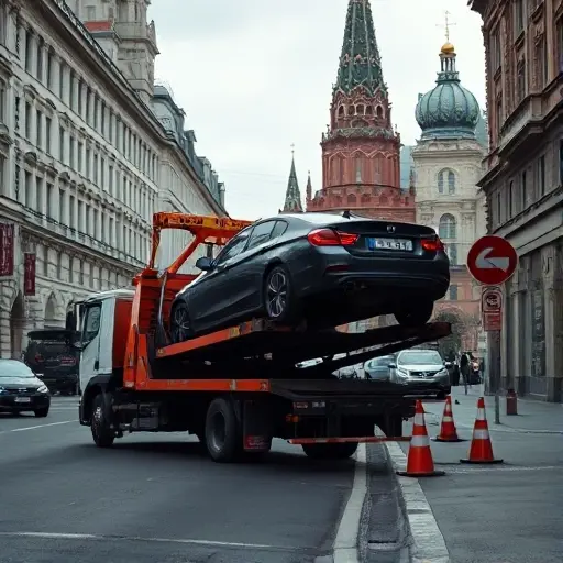 A realistic scene of a tow truck in Moscow, positioned on a narrow, busy street near iconic city buildings. The truck is using a hydraulic lift to load a damaged car onto its platform, showing the complexity of the maneuver with limited space, nearby traffic cones, and a slight incline. The atmosphere is urban, with muted colors and subtle details, emphasizing the challenge of loading and unloading in a crowded city environment.