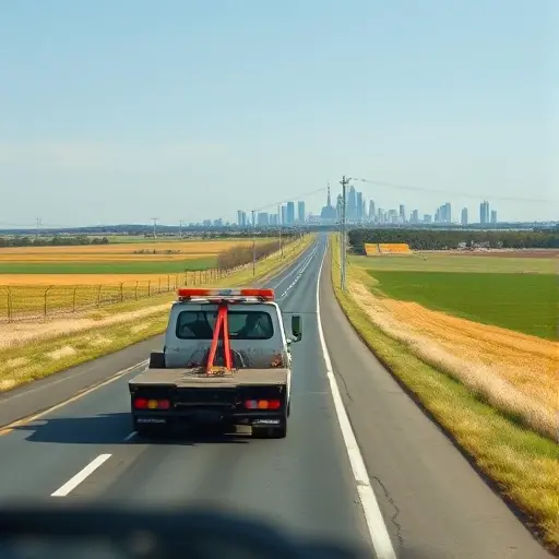A realistic scene of a tow truck driving on a highway through open countryside, with the distant silhouette of Moscow's skyline on the horizon under a clear sky, showing the vehicle in motion without any letters, numbers, or signage