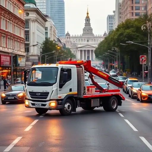 A tow truck (evakuator) driving on a busy Moscow street, with recognizable Moscow architecture in the background, showing a clear road ahead to illustrate transportation distance, rendered in a compact high-quality style