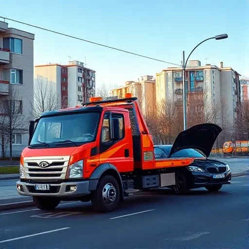 A realistic scene of a tow truck (evakuator) parked on a Moscow street in the South-Eastern Administrative Okrug, next to a broken down car with its hood open. The background shows typical Moscow apartment buildings and a hint of the city skyline under a clear sky. The focus is on the tow truck and the disabled vehicle, conveying a sense of affordable, nearby assistance.