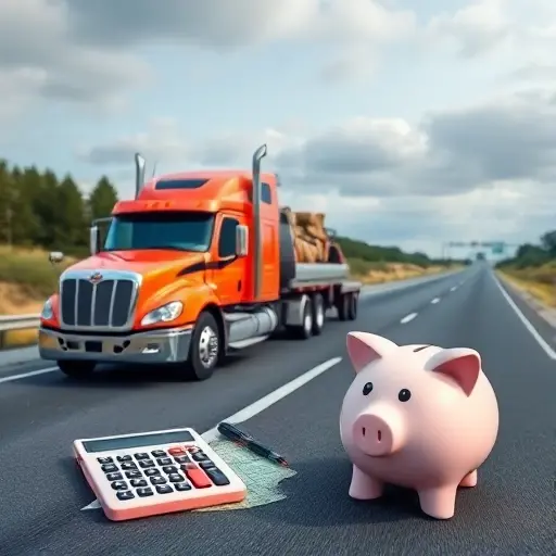 An intercity tow truck on a highway with a road map, a calculator, and a piggy bank to symbolize cost and savings, all in a realistic style, no text or lettering.