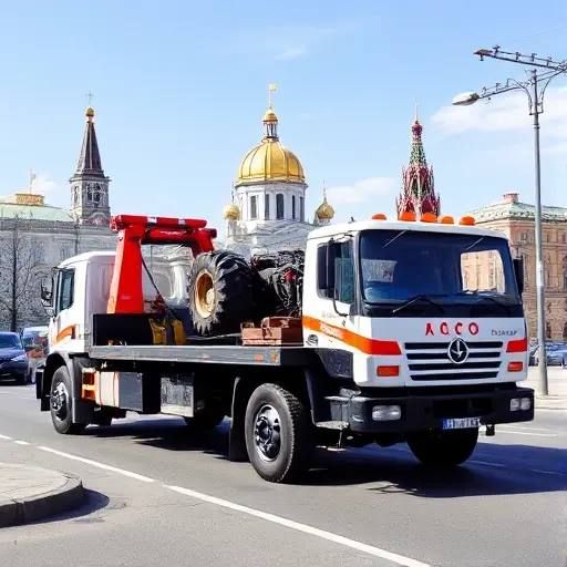 грузовой эвакуатор москва цена A large cargo tow truck with a flatbed and winch, parked on a Moscow street with recognizable architecture such as the Kremlin dome in the background, under a clear sky. The scene conveys a professional service atmosphere, with the truck highlighted, no visible text or numbers.