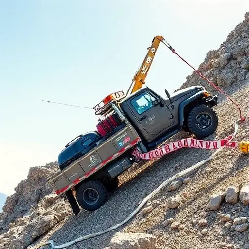 A rugged special tow truck equipped with a hydraulic winch and extendable boom, positioned on a steep hillside, pulling a stranded car up a rocky slope. The scene shows the tow truck’s winch cable wrapped around the car’s wheel, with a clear view of the rugged terrain and a bright sky. The image emphasizes the tow truck’s robust design, the winch mechanism, and the challenging environment.