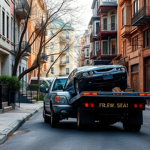 Эвакуатор на 1-й Карачаровской улице: Полное руководство A tow truck loading a broken down car on a narrow urban street, residential buildings in the background, daytime, detailed, photorealistic