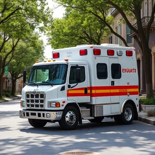 A realistic tow truck (evacuator) parked on a residential street with trees and typical city buildings, showing the vehicle from a slightly angled side view, with the street environment suggesting a quiet urban lane, no visible signage or numbers, bright daylight, detailed but compact composition