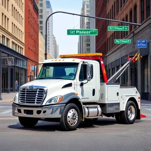 A realistic tow truck parked on 1st Pioneer Street, showing the front and side of the vehicle against a city street backdrop with buildings and street signs, no people, no text or lettering, natural lighting and shadows