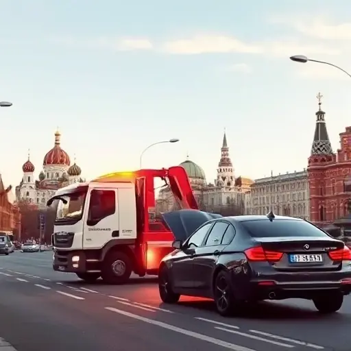 Эвакуатор в Москве: оперативная помощь при поломке или ДТП A modern tow truck with flashing amber lights parked on a Moscow street, assisting a broken-down car on the side of the road. The background shows recognizable Moscow architecture such as the Kremlin dome silhouettes and typical city buildings under a clear sky. The scene conveys prompt, professional help, with the tow truck driver opening the car's hood, but no faces or text are visible.