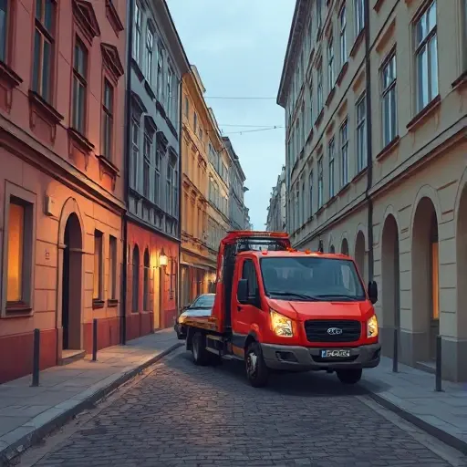 A realistic illustration of a tow truck parked in a narrow cobblestone alley in Riga, with historic buildings lining the street, a small car being towed, subtle evening lighting, no text or signage visible
