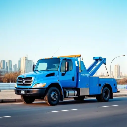 эвакуатор хабаровск недорого A modern tow truck in bright blue parked on a street in Khabarovsk, with the city skyline and clear blue sky in the background, conveying affordability and reliability in a clean, simple aesthetic. No people, no other vehicles, no text or logos.