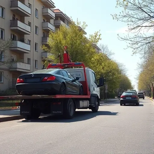 A realistic scene of a tow truck parked on a quiet street in the Metrogorodok district of Moscow, with a broken car on the side of the road. The tow truck is equipped with a crane and a hook, gently lifting the rear of the vehicle. The background shows typical Moscow apartment buildings with balconies and trees, under a clear sky. The atmosphere is calm and professional, emphasizing the assistance during a vehicle breakdown.
