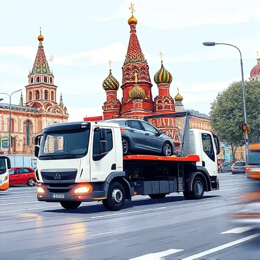 A detailed illustration of a modern tow truck in Moscow loading a car onto its platform. The scene shows the truck on a busy city street with recognizable Moscow architecture such as the Kremlin dome or St. Basil's silhouette in the background, but without any signage or text. The tow truck's hydraulic lift is fully extended as the car is being driven onto it. The atmosphere is realistic with urban traffic, streetlights, and a clear sky.