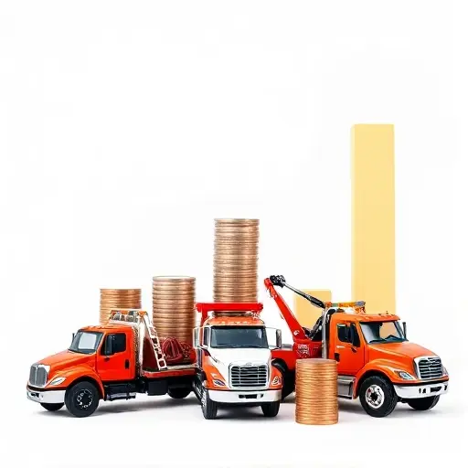 A composition showing three distinct types of tow trucks side by side: a flatbed truck, a hook-and-chain truck, and a wheel-lift truck. Next to each truck, a stack of coins of varying heights represents relative cost, with the tallest stack next to the most expensive truck. In the background, a simple bar chart with three bars of different heights illustrates price differences among the truck types. No textual labels, numbers, or letters are included; the focus is purely on visual comparison of truck types and their implied cost.