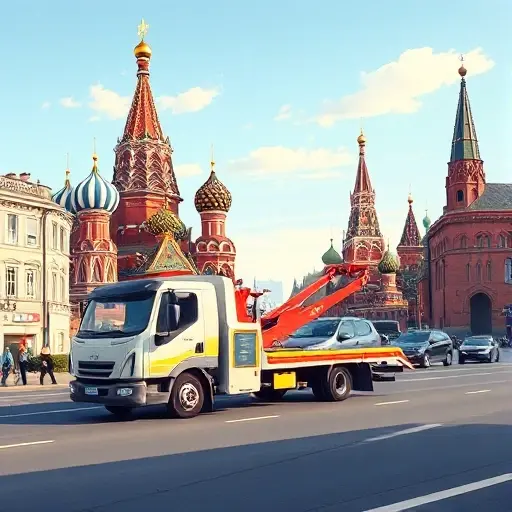 A reliable tow truck operating in the heart of Moscow, with iconic city architecture such as the Kremlin dome and St. Basil's Cathedral in the background, showing the truck assisting a vehicle on a busy street under a clear sky, realistic yet compact illustration, no text or signage