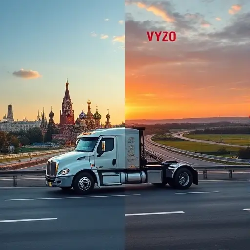 A modern tow truck parked on a highway with a backdrop of iconic Moscow skyline on one side and Ryazan countryside on the other, illustrating the journey between the two cities